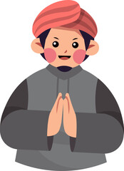 Illustrated man in traditional attire, hands together in welcoming gesture.