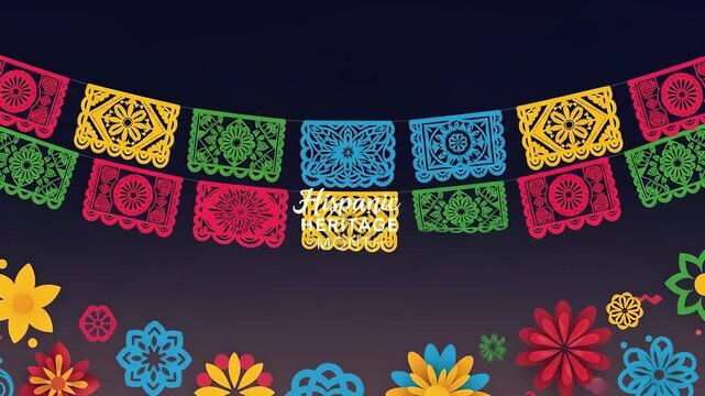 Vibrant Hispanic Heritage Month celebration with colorful paper decorations, floral elements, and festive designs, perfect for cultural events and marketing campaigns