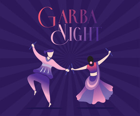 creative Navratri Graba Night poster design, Indian couple playing Garba.