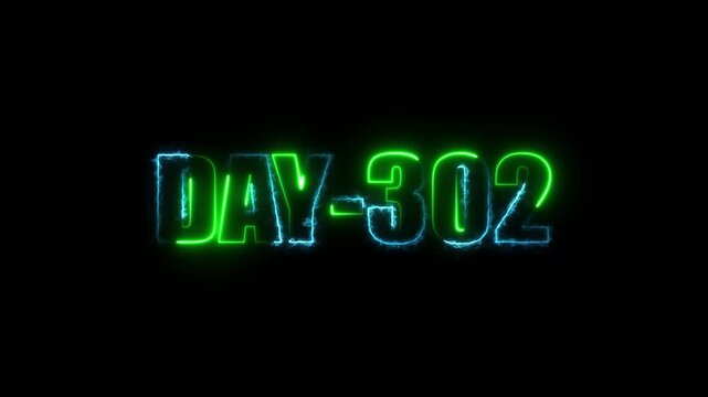 Neon text day-302 animation on black background.calender, text,number, days, date, countdown neon text concept.