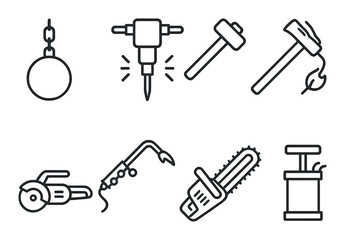 Obraz premium Outline icons of heavy construction tools on dark background