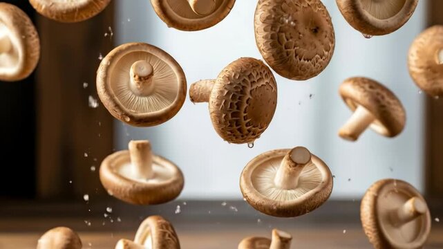 Fresh and delicious shiitake mushrooms are captured falling or floating in mid air a healthy and popular ingredient in asian cuisine for cooking and wellness
