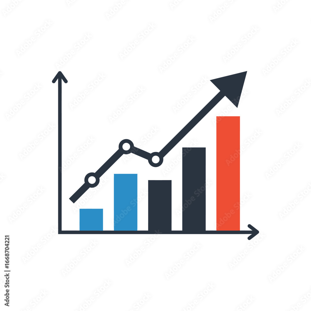 Poster colorful bar graph with ascending arrow illustrating growth and progress.