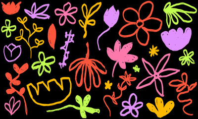 Collection of bright, vivid flower and leaf drawings. Colorful hand drawn botanical doodles with a rough crayon texture on a dark background. Vector graphic set for posters or fabrics.