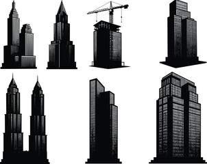 Obraz premium Skyscraper tower silhouettes, modern city skyline architecture, urban high rise buildings, black vector office towers, construction crane illustration, real estate property development graphic