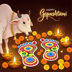 Naklejka premium Gopashtami festival with cow, diyas, flowers and footprints Hindu festival India