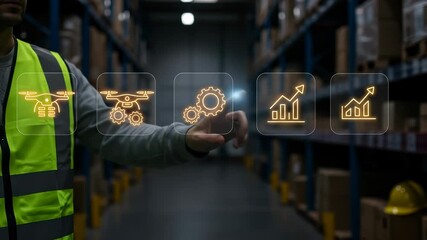 Logistics manager in a safety vest interacts with an innovative holographic display showcasing drone automation and data for smart warehouse management and supply chain growth. - Powered by Adobe