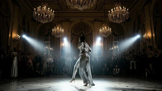 A fierce and elegant dancer performs a dramatic voguing dance in the spotlight at an lgbtq ballroom culture competition surrounded by an adoring crowd in a grand hall