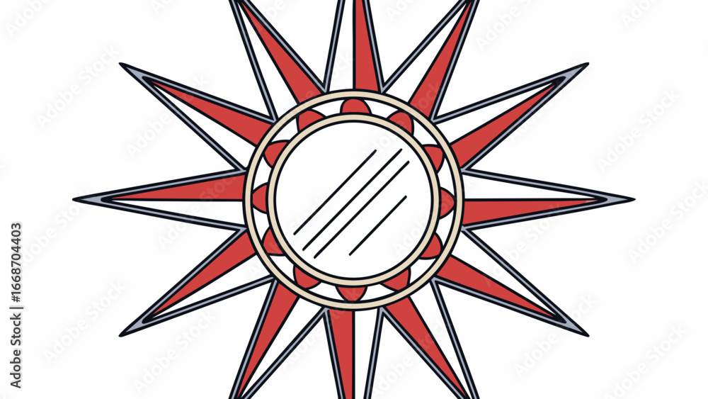 Aufkleber illustration of a starburst mirror with a circular frame and red and gray pointed rays design elemen