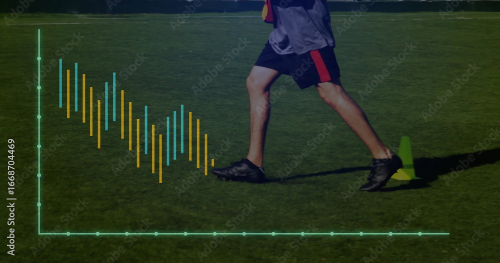 Poster running man wearing gray top and shorts on turf with green cone and virtual chart overlay