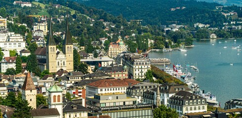 Wide panoramic view  of the scenic town of Lucern in Switzerland. 