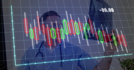 Doctor in blue scrubs analyzing digital stock candlestick chart in clinic, with stethoscope, tablet