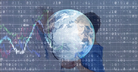 Hugging grandfather and grandson in tech backdrop, with globe, binary code, line charts, copy space