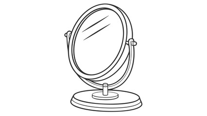 Illustration of a round vanity mirror with a stand and simple line drawing on a white background
