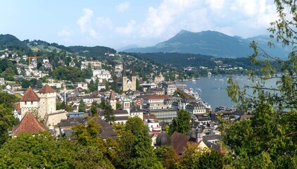 Wide panoramic view  of the scenic town of Lucern in Switzerland. 