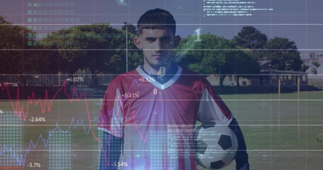 Displaying male player in red jersey holding ball on grassy pitch, with digital line graphs, code