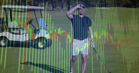 Standing male golfer holding golf club on golf course fairway, displaying candlestick chart overlay