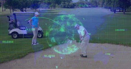 Swinging senior male golfer in white polo hitting golf ball in sand bunker, with friend observing