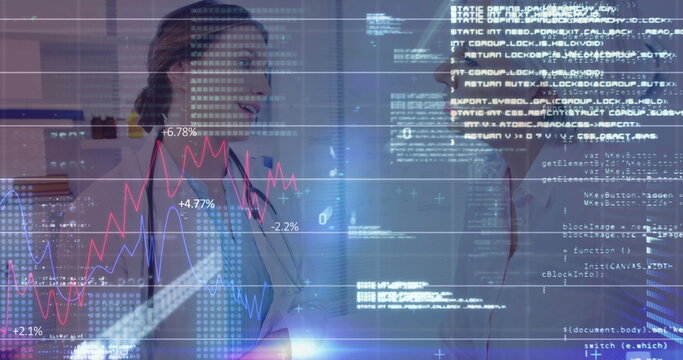Consulting doctor in lab coat examining patient at clinic with stethoscope, digital graphs and code