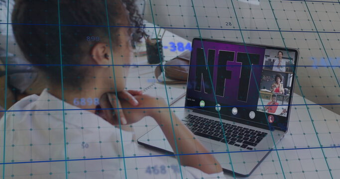 Joining woman watching NFT meeting on laptop in home office, with smartphone notebook, copy space