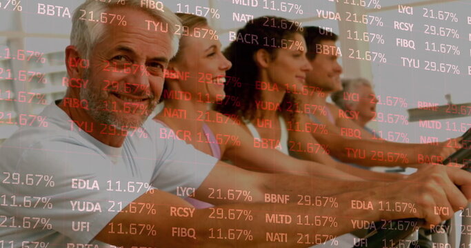 Pedaling six adults gripping cardio machines at gym, showing translucent stock market overlay
