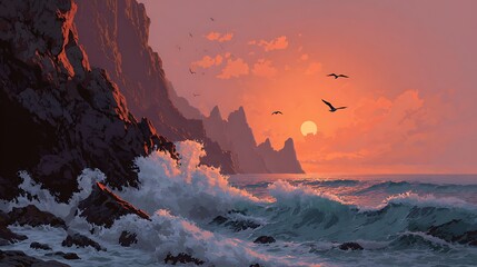 Sunset Symphony over the Coast: A breathtaking panorama captures a vibrant coastal scene. As the sun dips below the horizon, painting the sky with hues of red and orange.