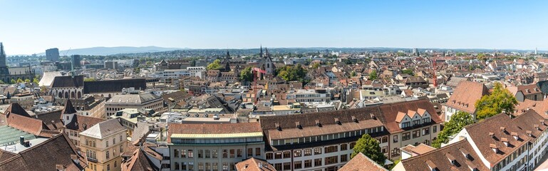 Extremely wide, aerial panorama od the old town in Basel, Switzerland. 