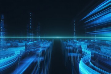 Abstract Futuristic Cityscape:  Digital Data Streams and Glowing Blue Light Trails