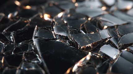 Broken glass pieces scattered on a dark surface shimmer under soft light in an artistic close-up shot