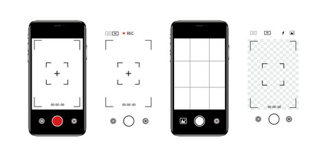 Viewfinder Camera interface in phone screen. Photo, video ui in cellphone. App for record from mobile cam. Grid, focus, button and rec. Smartphone mockup. Vector.