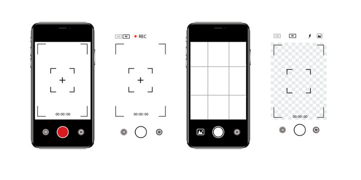 Viewfinder Camera interface in phone screen. Photo, video ui in cellphone. App for record from mobile cam. Grid, focus, button and rec. Smartphone mockup. Vector.