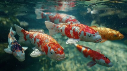 Colorful koi fish swimming gracefully in a tranquil pond during daylight