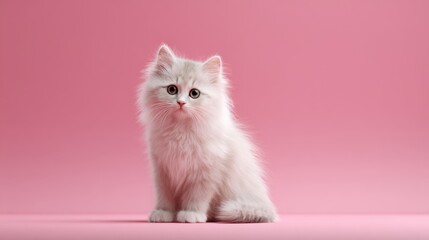 Cute fluffy kitten sits on pink background looking curiously at the camera while showcasing its playful charm and adorable features