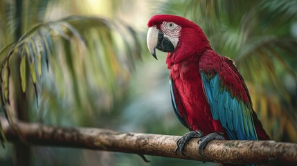 Bright red macaw perched on a branch in a tropical rainforest surrounded by lush green foliage