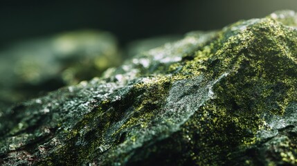 Close-up view of textured rock surface displaying green moss growth under soft light in a natural setting