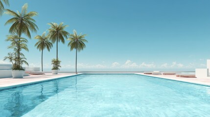 Sunny poolside retreat with palm trees and clear blue water in a tranquil coastal area