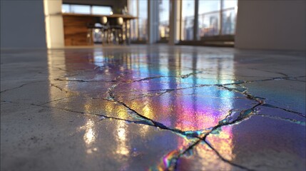 Reflections on cracked concrete floor reveal vibrant colors in modern interior space