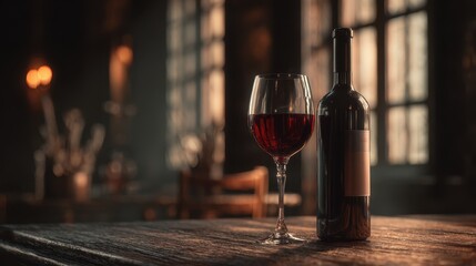 Elegant glass of red wine beside a bottle on a rustic table in a dimly lit setting