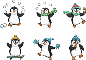 Cute cartoon penguins wearing winter clothes doing fun activities like juggling, skating, eating fish, and enjoying ice cream cones.