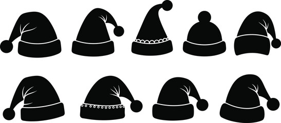Christmas and winter hat silhouettes — black vector set featuring festive beanies and Santa hats for seasonal design and holiday decoration