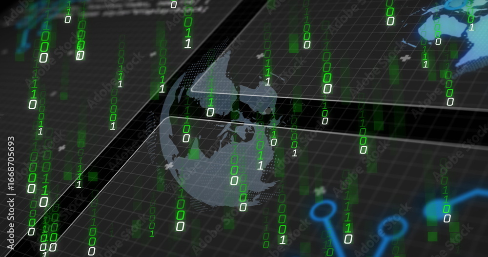 Poster hovering globe above grid in cyber network, with green binary digits, blue lines and map fragments