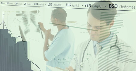 Writing male physician taking notes on clipboard in radiology suite, with financial graphs overlay