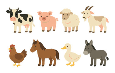 Cute cartoon farm animals: cow, pig, sheep, goat, chicken, horse, duck, donkey
