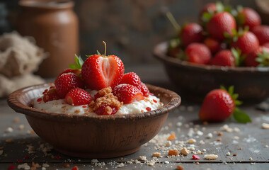 Strawberry natural healthy nutrition organic food in rustic clay dish on vintage kitchen background. Vegetarian, full of vitamin dessert. Dark food photo, rustic style, natural light