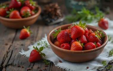 Strawberry natural healthy nutrition organic food in rustic clay dish on vintage kitchen background. Vegetarian, full of vitamin dessert. Dark food photo, rustic style, natural light