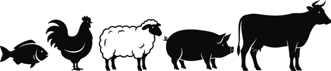Silhouettes of farm animals including fish, rooster, sheep, pig, and cow in row, vector design for agriculture and education