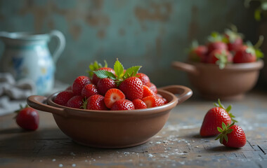 Strawberry natural healthy nutrition organic food in rustic clay dish on vintage kitchen background. Vegetarian, full of vitamin dessert. Dark food photo, rustic style, natural light