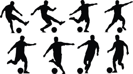 Soccer player silhouettes in action — black vector set featuring dynamic poses like kicking, dribbling, and striking for athletic design use