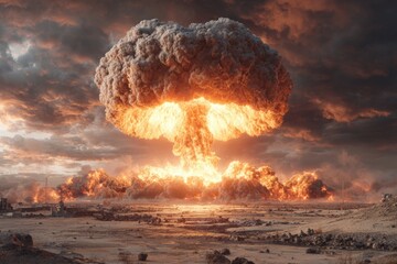 Atomic explosion over a desolate landscape