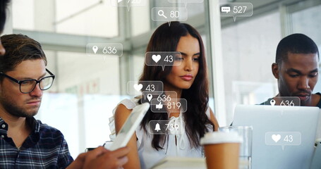 Collaborating woman in white blouse reviewing project in conference room, media icons floating